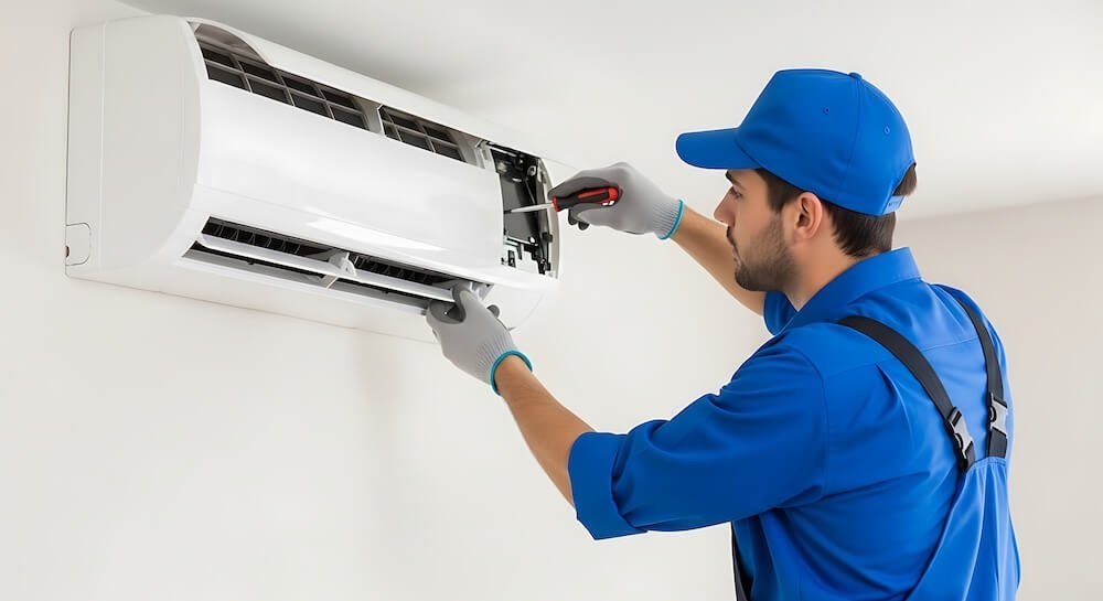 Split air conditioner indoor unit taken off the wall and being washed out