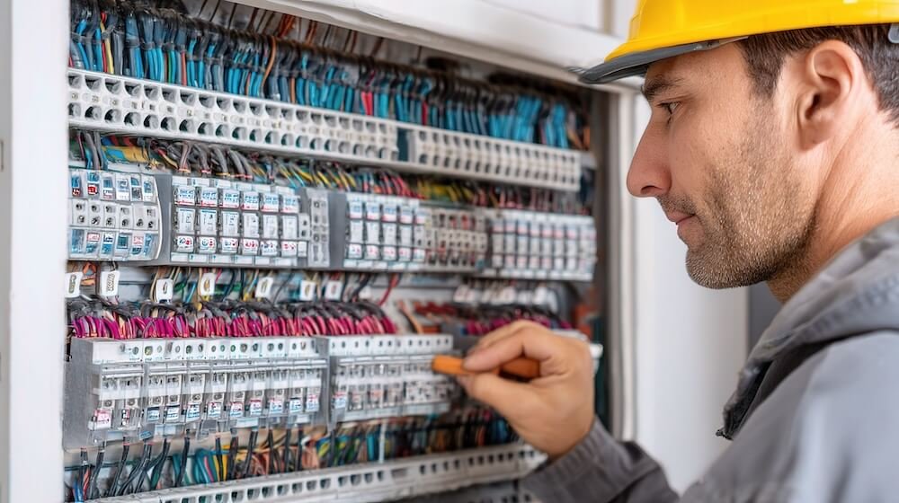 Electrical distribution board with circuit breakers and colour coded wiring